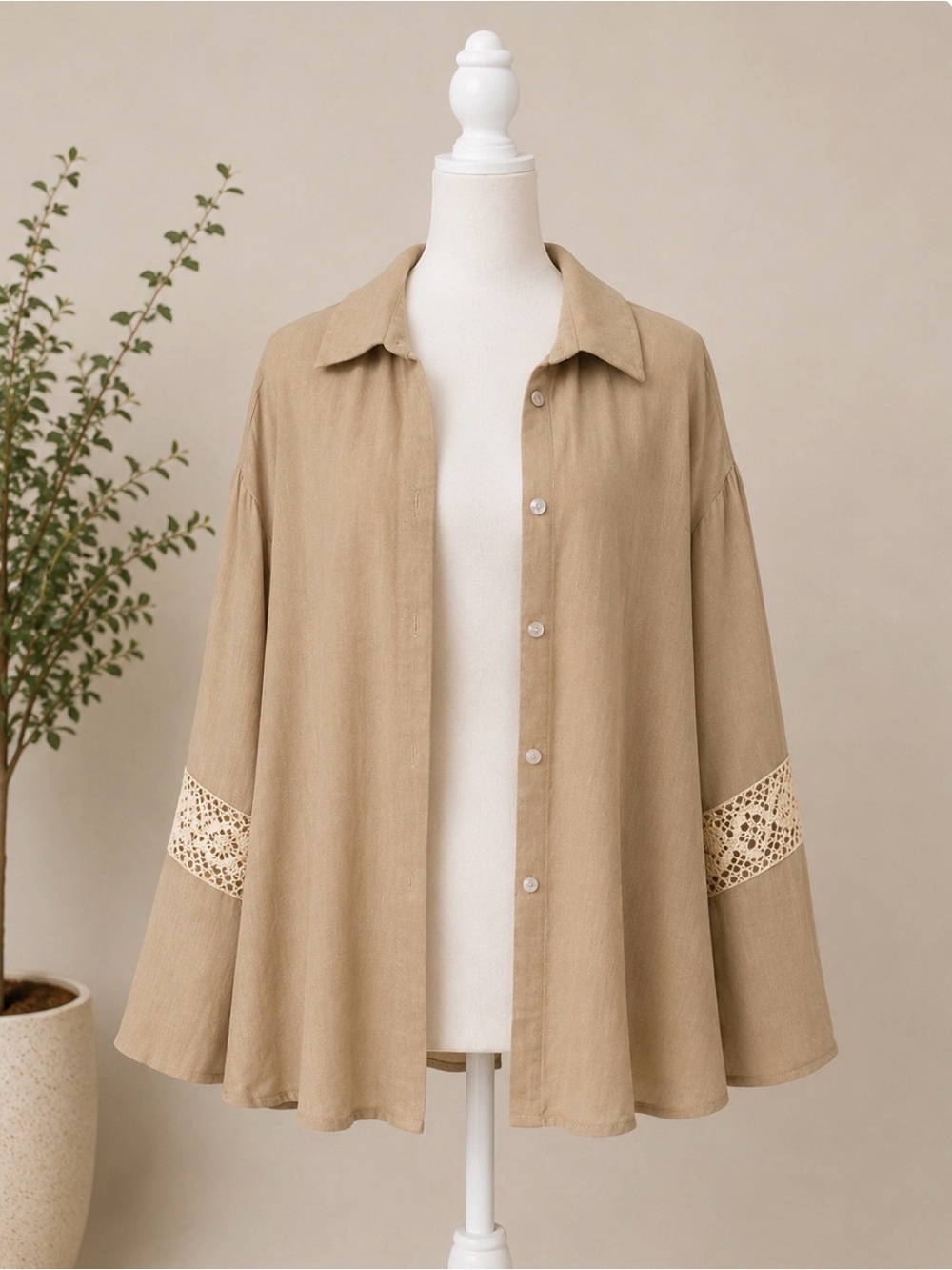 Zara Women's Beige Button-Front Shirt Jacket with Lace Trim